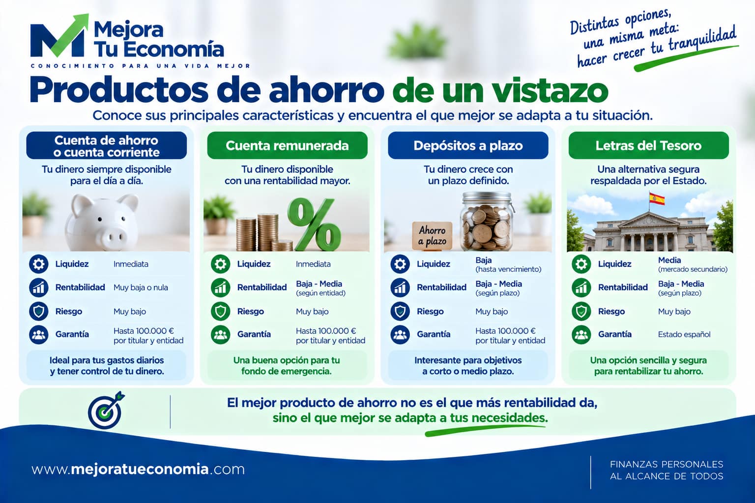Comparativa de cuenta de ahorro, cuenta remunerada, depósitos a plazo y Letras del Tesoro