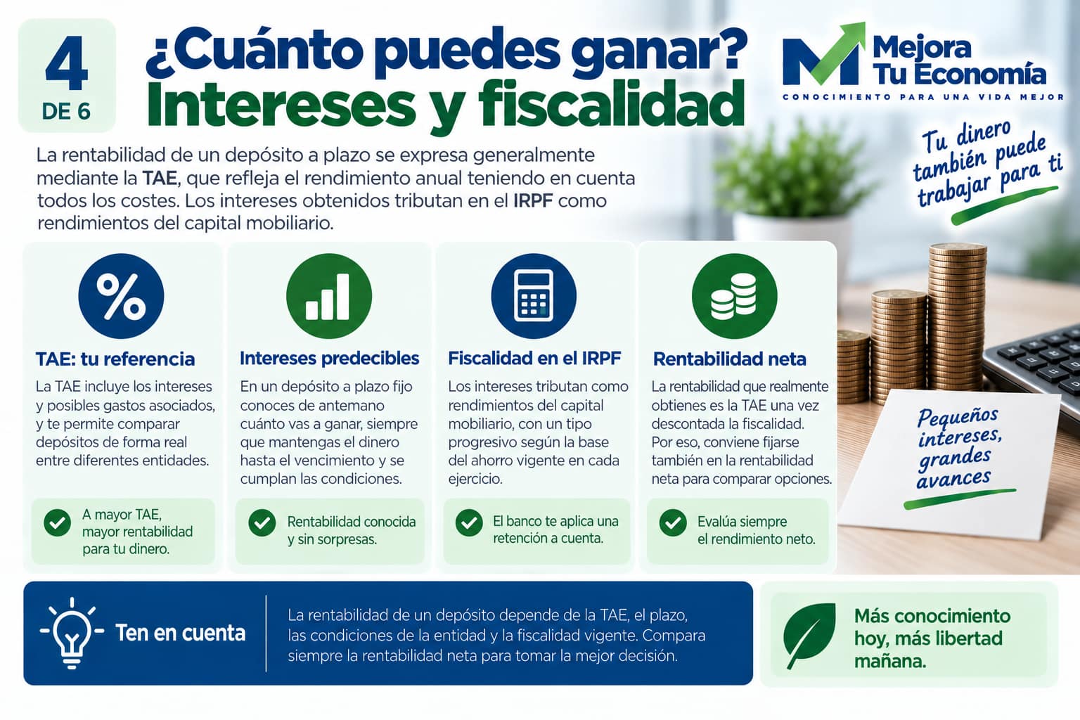 TAE, intereses, fiscalidad y rentabilidad neta de un depósito a plazo