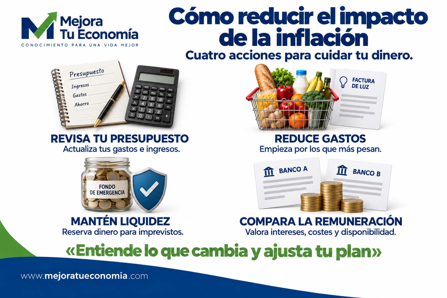 Cuatro acciones ante la inflación: revisar el presupuesto, reducir gastos, mantener liquidez y comparar la remuneración.