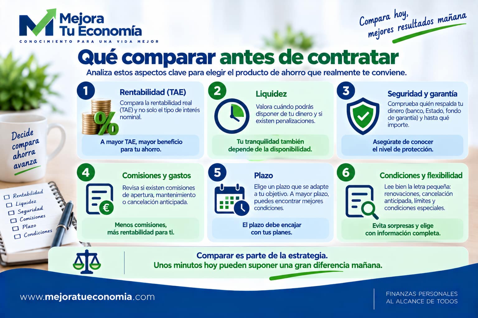 Aspectos que debes comparar antes de contratar un producto de ahorro: TAE, liquidez, garantías, comisiones, plazo y condiciones