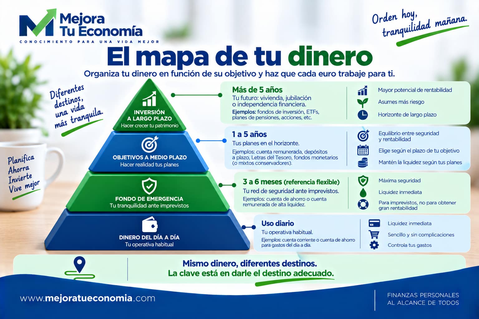 Mapa para organizar el dinero entre gastos diarios, fondo de emergencia, objetivos e inversión a largo plazo