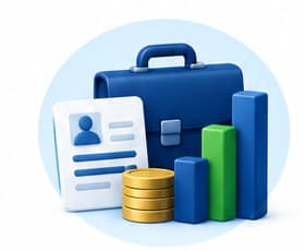 Ilustración de empleo e ingresos con maletín, identificación, monedas y gráfico