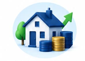 Ilustración de vivienda y mercado inmobiliario con casa, monedas y flecha