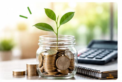 Bote con monedas, planta, calculadora y elementos de finanzas personales