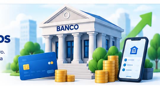 Ilustración de banco, tarjeta y app bancaria
