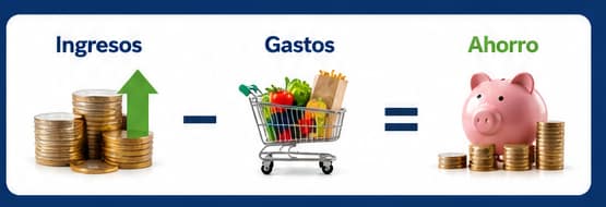 Infografía visual de ingresos menos gastos igual a ahorro