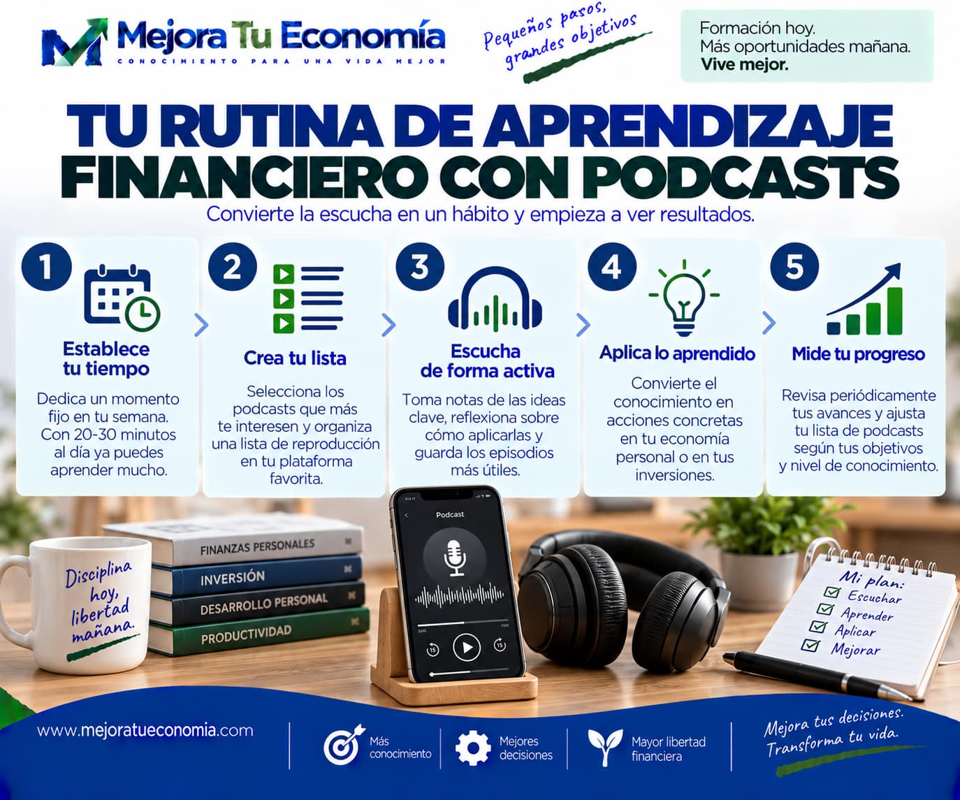 Rutina para aprender finanzas mediante podcasts