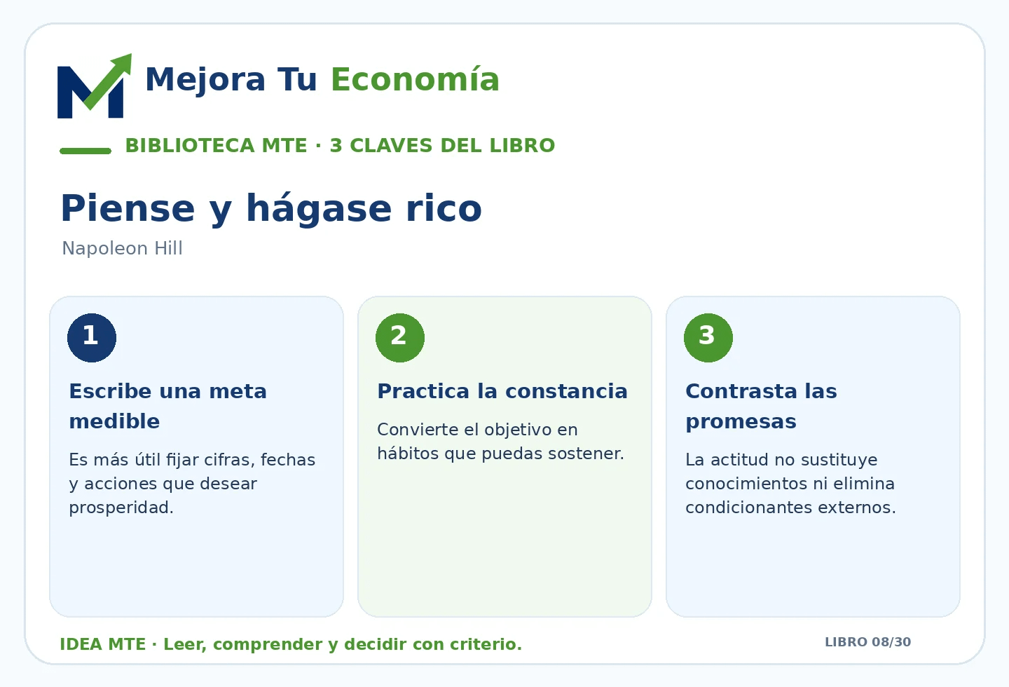 Infografía de las tres ideas clave de Piense y hágase rico preparada por Mejora Tu Economía