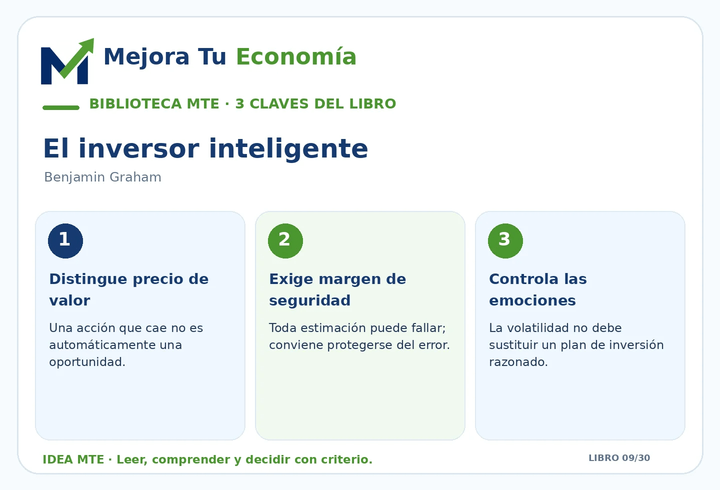 Infografía de las tres ideas clave de El inversor inteligente preparada por Mejora Tu Economía