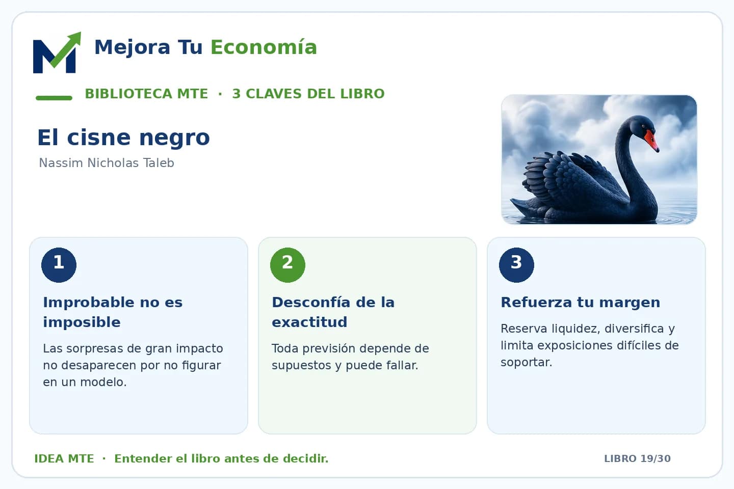 Infografía de las tres ideas clave de El cisne negro preparada por Mejora Tu Economía