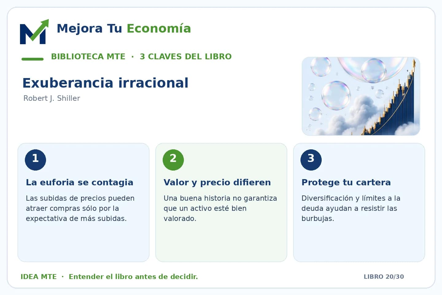 Infografía de las tres ideas clave de Exuberancia irracional preparada por Mejora Tu Economía