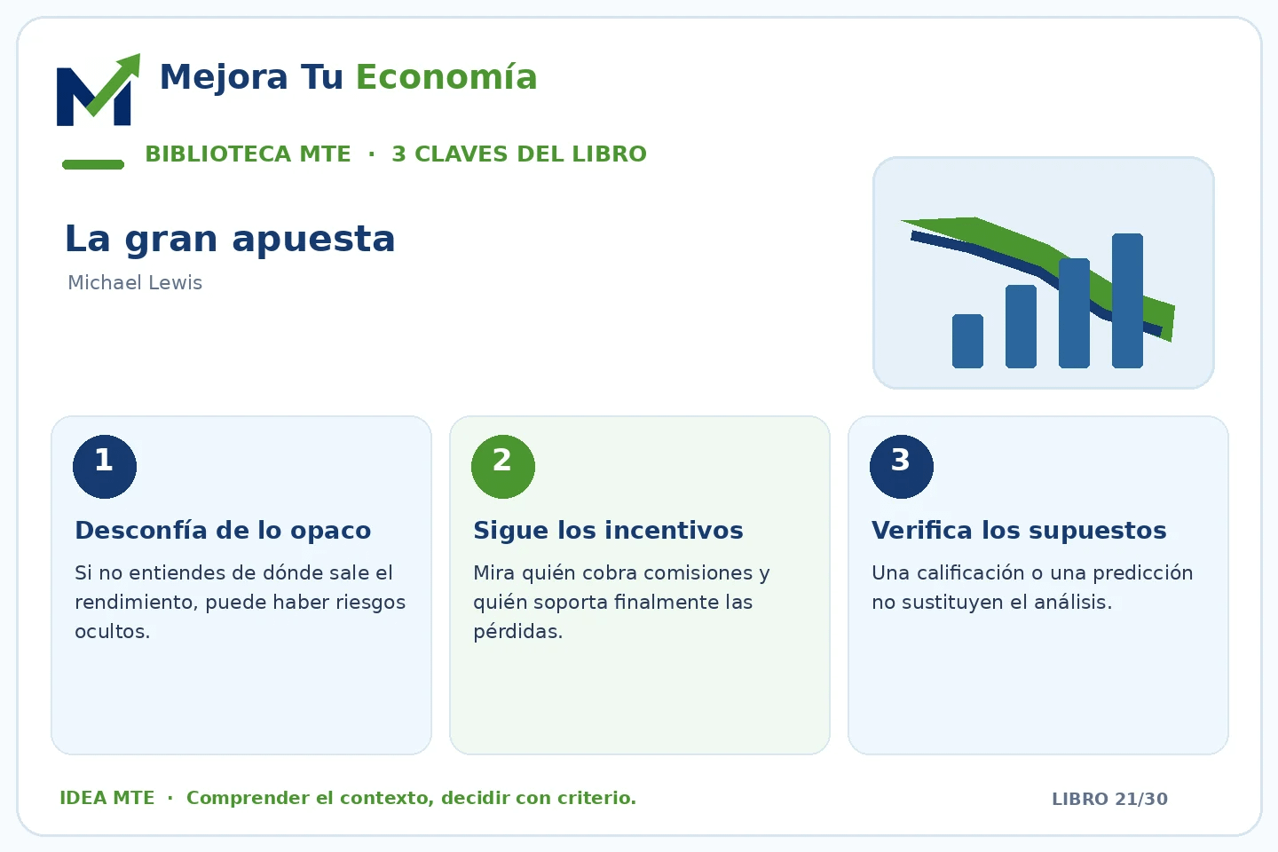 Infografía de las tres ideas clave de La gran apuesta preparada por Mejora Tu Economía
