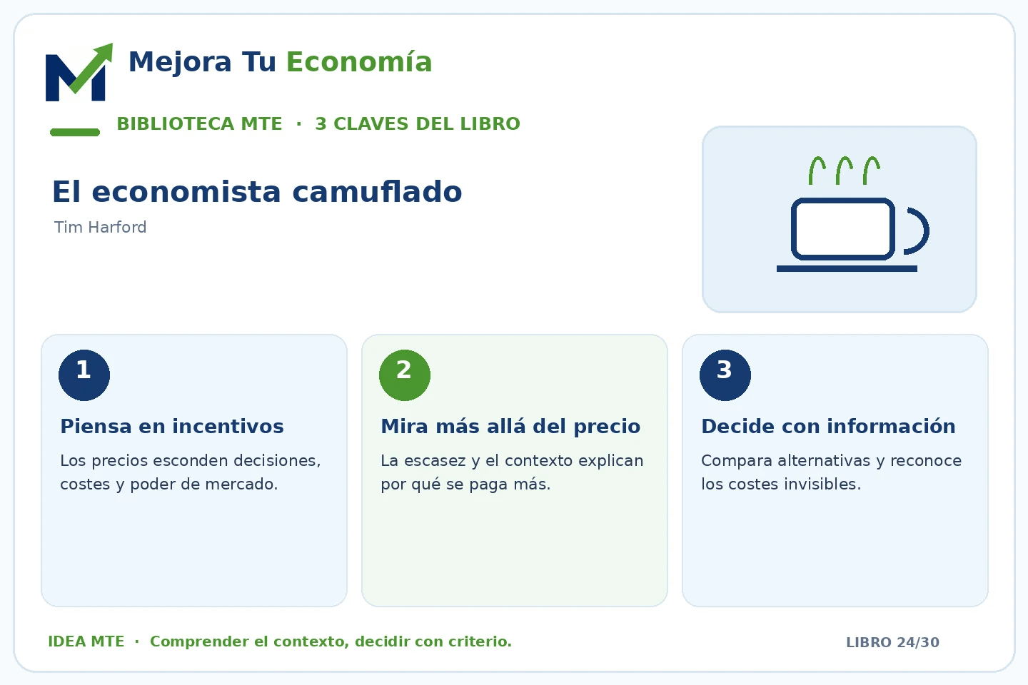 Infografía de las tres ideas clave de El economista camuflado preparada por Mejora Tu Economía