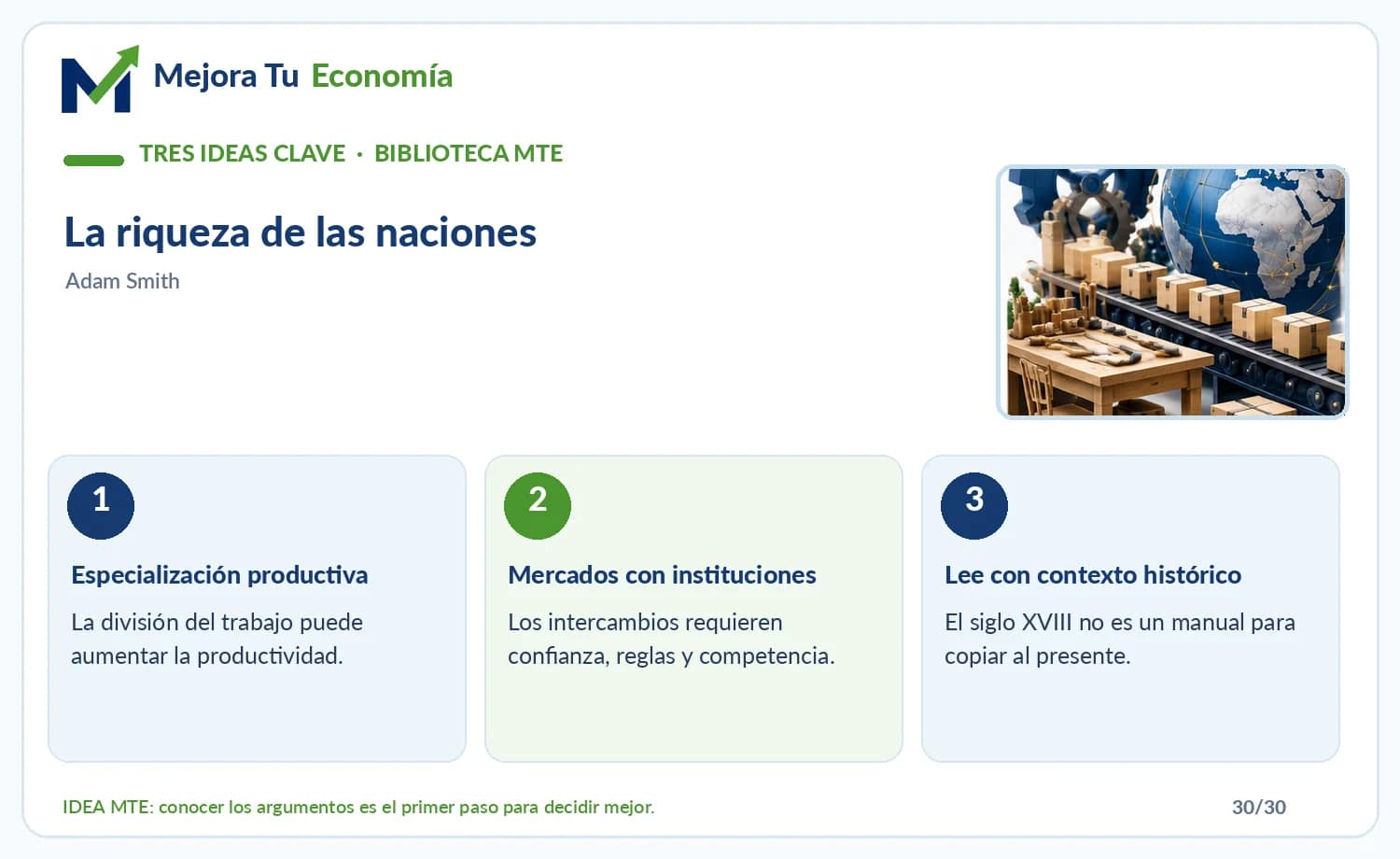 Infografía de las tres ideas clave de La riqueza de las naciones preparada por Mejora Tu Economía